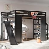 Loft Bed Full Size with Slide & Stairs & Desk,Wooden Loft Bed Frame with Basketball Hoop & Basketball Net,High Loft Beds with 14.1''H Guardrails & Under Beds Play Space for Kids Teens Girls Boys,Black