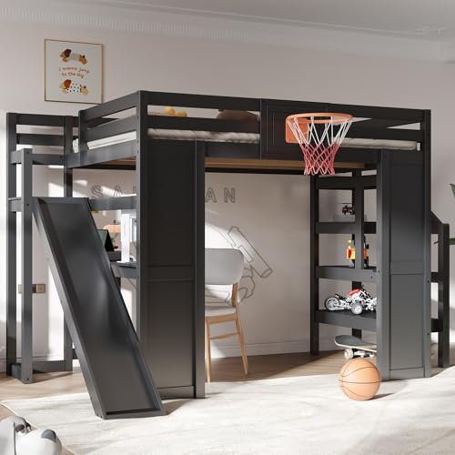 Merax Full Size Wood Loft Bed with Built-in Desk, Basketball