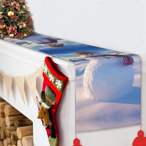 Chemin de table de Noël imprimé bonhomme de neige long linge de table en lin