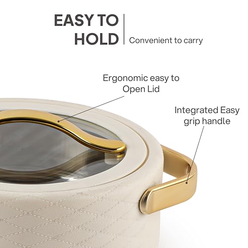 Image of CELLO Velvetto Deluxe 1500 Insulated Casserole Hot Box for Kitchen 1500 ml, Cream | Airtight See Through Lid Hot Pot Case Keeps Food Hot & Warm for Long Hours, Casserole Set for Roti, Rice & Biryani