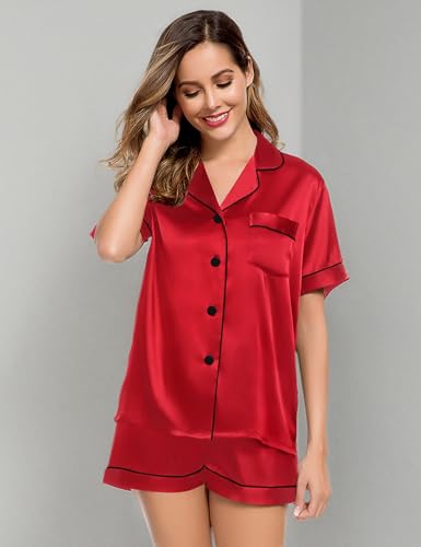 Image of LecGee Womens Silk Satin Pajamas Short Sleeve Loungewear Two-Piece Sleepwear Button-Down Pj Set