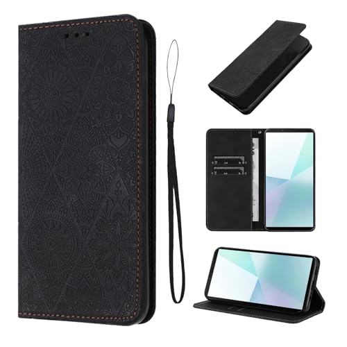 LSPCASA Lederhülle Für Sony Xperia 10 VI 5G 6.1 Zoll Magnetische Handyhülle Sony Xperia 10 Vi Hülle Mit Standfunktion Klappschutzhülle Xperia 10 Vi Hülle Schwarz