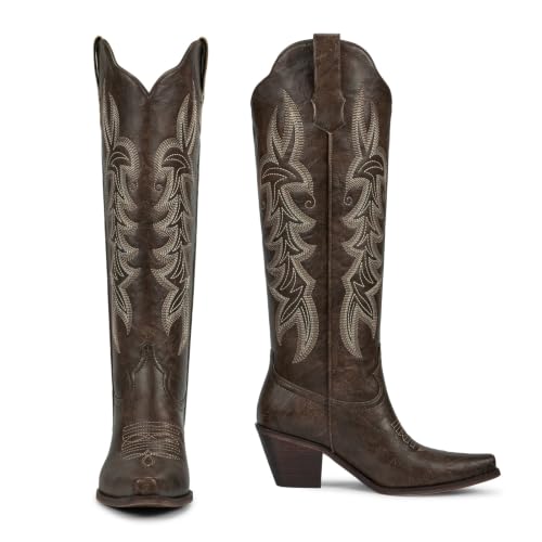 Image of wetkiss Women's Pointed Toe Cowboy Boots | Knee High Cowgirl Boots, Retro Embroidery, Chunky Heel, Pull-On, Style for a Classic Western Look,Stable and Comfortable