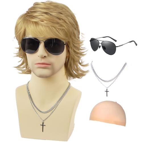 Guree Hair Mens Blonde Wig+Necklace+Glasses+Wig Cap Layered Fluffy Wig For Male Daily Party Halloween Cosplay Costume UseBlonde