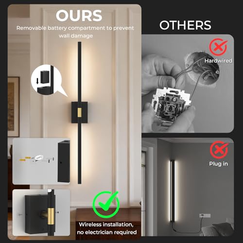 Image of Battery Operated Wall Sconce Set of 2, 10000mAh 4CCT Dimmable, Black | Remote & Touch Control, 4CCT Dimmable, 360 Rotate, Rechargeable Wall Lights for Bedroom Living Room Hallway 31.5inch