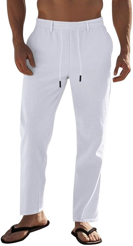 Casual Pants for Men Cotton Elastic Waist Casual Drawstring Loose Fit Yoga Straight Trousers with Pockets