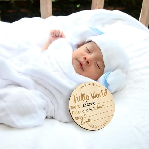 ALMEKAQUZ Baby Announcement Sign, 5.9 Inch Round Baby Nursery Name Signs with Ink Pad for Baby Hand and Footprints Wooden Hello World Newborn Sign for Photo Prop