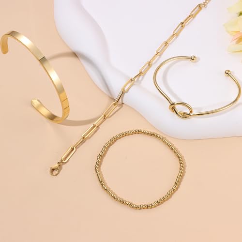 Dochais 4 Pcs Armband Damen Gold, Ketten Armbänder Für Damen, Vergoldet 18k, Verstellbares Gold, Twist Büroklammer Goldperlen – Bild 7