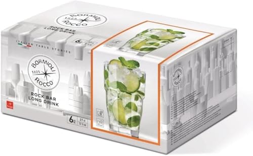Bormioli Rocco Rock Bar Stackable Beverage, Set Of 6 Dishwasher Safe Drinking Glasses For Soda, Juice, Milk, Coke, Beer, Spirits – 12.5oz Durable Tempered Glass Water Tumblers For Daily Use