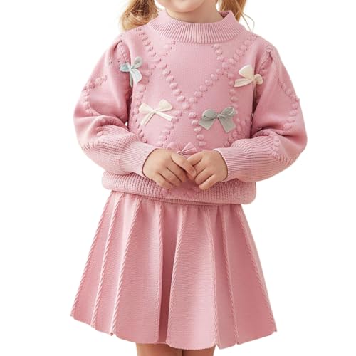 JiAmy Conjunto de ropa para bebé niña de 2 a 6 años, suéter de punto de manga larga con lazo, falda plisada, para otoño e invierno, rosa, 6 años