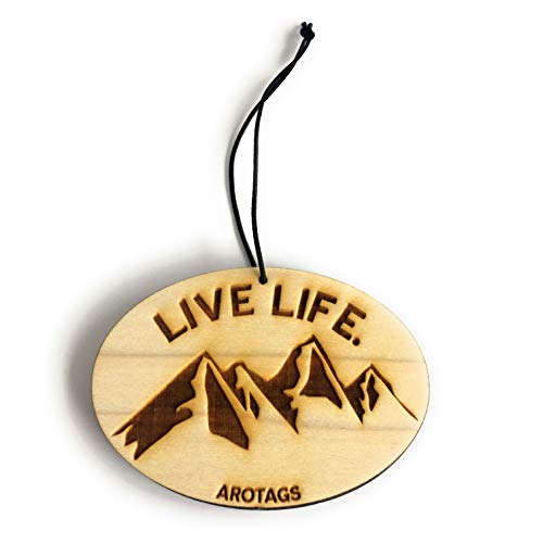 Arotags Wooden Car Air Freshener - Long Lasting Cool Breeze Scent Diffuses For 365+ Days - Includes Live Life Mountain Hanging Mirror Diffuser And Fragrance Oil - 100% American Made #TOP1