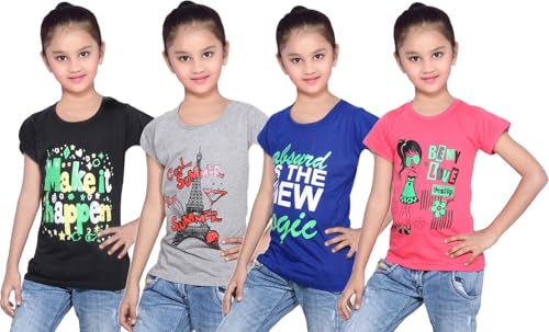 Image of indi weaves Girls Pure Cotton Chest Printed Half Sleeves Round Neck T-Shirts (Pack of 4)