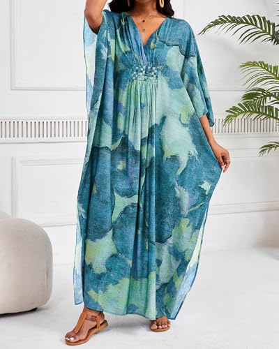 Bsubseach Plus Size Kaftan Dresses for Women V Neck Swimsuit Coverup Floral Print Caftan Maxi Beach Dress3