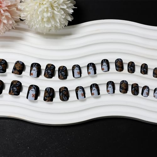YOSOMMK Cute Halloween Press on Nails Short Square Fake Nails with Flower Designs Nude Glossy Full Cover Stick on Nails Bling Sequins Acylic Nails for Women and Girls — view 6