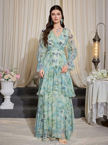 Image of TOLEEN Summer Casual Dresses for Women 2024 Spring Fashion Boho V Neck Long Sleeve Ruffle Floral Print Elegant Maxi Dress