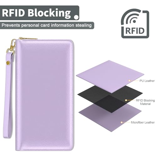 Image of Nipichsha Womens Wallet, RFID Wristlet Wallet for Women, Cute Ladies Purse, Large Credit Card Clutch Purse, Leather Card Holder Wallets with Zipper & Phone Holder, Purple