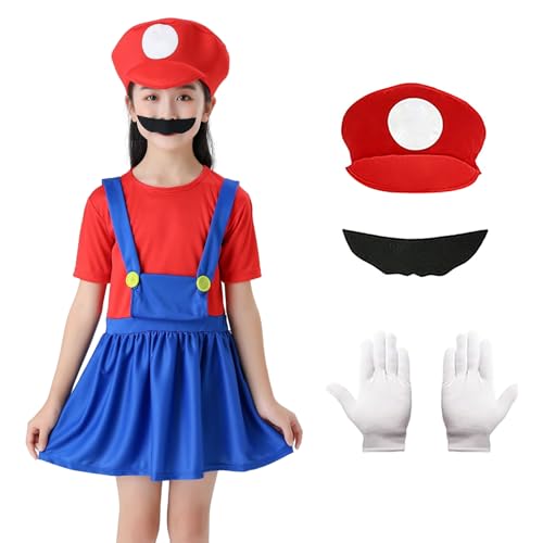Formemory Déguisement Mario et Luigi pour Enfant Adulte, Costume de Mario Déguisement Luigi Classique avec Chapeau Moustache Gants Combinaison, Déguisements Mario pour Carnaval Halloween (F/R, L)