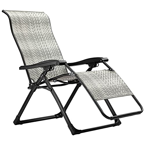 Abocofur Rattan Folding Zero Gravity Chair For Adults, Indoor&Outdoor Adjustable Recliner With Steel Frame And Widened Armrest, Heavy Duty Lounge Tanning Chair For Patio, Balcony, Light Grey #TOP2