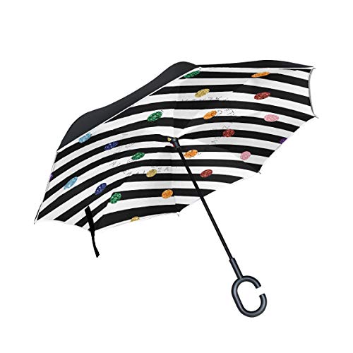 Orediy Regenschirm mit bunten Punkten in Streifen, doppelschichtig, Auto-Rückwärtsschirm, großer Outdoor-Regenschirm, UV-Schutz, Winddicht, Regen- und Reise-Regenschirm Cover