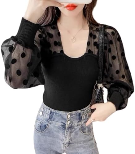 新品 レディース トップス ニット パフスリーブ ドット シースルー　水玉 黒 セクシー ブラウス トップス ハイネック 袖ふんわり パフスリーブ