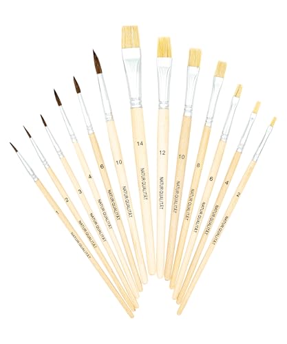 K3T Pinsel-Set 13-teilig (Naturhaarpinsel Größen 1 2 3 4 6 und 10 - Naturborstenpinsel Größen 2 4 6 8 10 12 und 14) Schaft naturbelassen Art.Nr. 49033