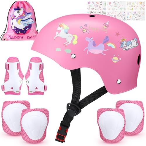 Syhood Kids Bike Helmet for Girls Boys Ages 3-5-8 with Wrist Guard and Knee Pads Elbow Pads Adjustable Protective Gear with DIY Stickers Bags for Holiday Toddler Skating Cycling (Pink Unicorn)