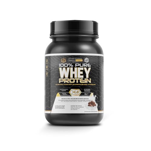 Healthy Fusion Whey Protein | 100% reines Whey Protein mit Kollagen Magnesium & Vitamin B6 | 43 g Protein + 9 4 g BCAA pro Portion | Für Muskelaufbau schnellere Regeneration | Schokolade | 1 kg