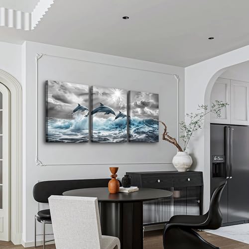 DZRWUBHS Canvas Wall Decor For Living Room Large Wall Art For Bedroom Black And White Wall Pictures Blue Sea Wave Dolphins Wall Paintings Artwork Office Decoration Posters Modern Home Decor 3 Piece