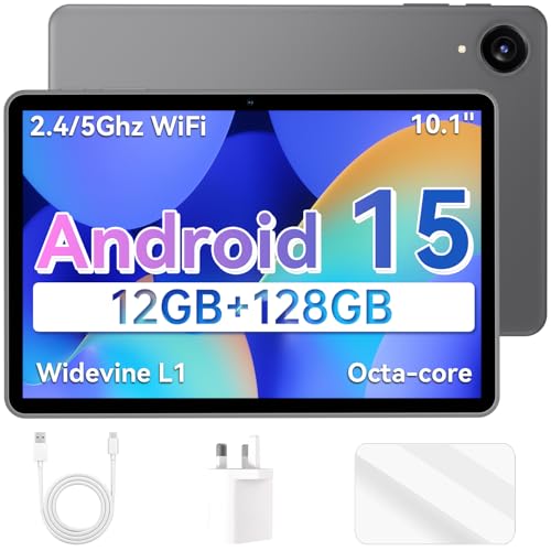 Tablet 10 Zoll Android 15 Tablets, 12 GB RAM, 128 GB ROM, 1 TB Speichererweiterung, Octa-Core-Prozessor, 1280 x 800 HD IPS-Bildschirm, Widevine L1, GPS, Dual-Kamera, WiFi 5, BT5.0, 6000 mAh Akku, 18 W