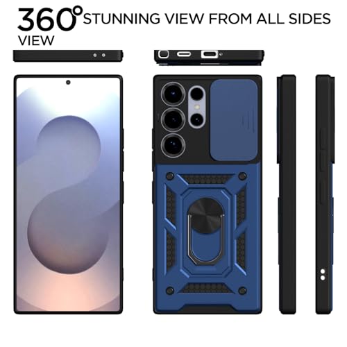 Image of Pikkme Back Cover for Samsung Galaxy S25 Ultra 5G | 360 Protection Case | Sliding Camera Shield Cover & Ring Holder Stand D10 Tough Armor Bumper Case (Blue)