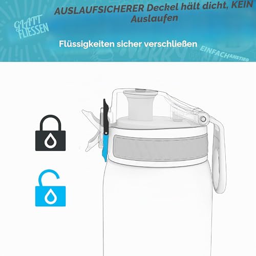ion8 Kinder Trinkflasche, 350ml, Auslaufsicher, Einhandöffnung, Sichere Verriegelung, Spülmaschinenfest, BPA-frei, Tragegriff, Klappdeckel, Leicht zu Reinigen, Klimaneutral, Aqua