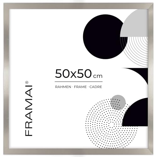 FRAMAI® Bilderrahmen 50x50 cm Silber MDF Umweltfreundlichem Rahmen mit Bruchsicheren Plexi, Aufhänger und Aufsteller – Ansicht 1