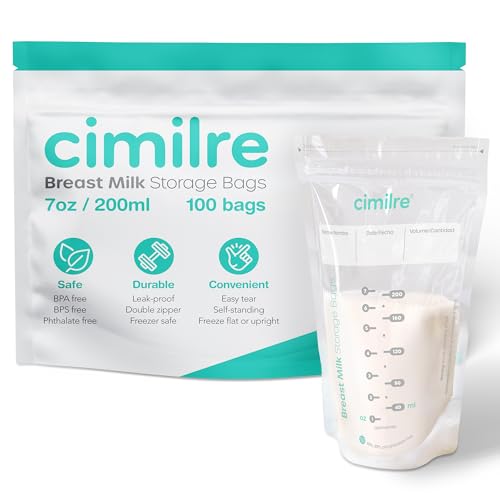 Breast Milk Storage Bags by Cimilre, Leak-Proof Breastmilk Storage Bags, Freeze Flat or Standing, 7 oz. Bags (100 Pack)