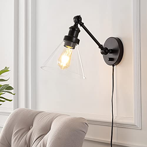 Image of JONATHAN Y 8 inch Oil Rubbed Bronze Adjustable LED Wall Sconce, Plug-in Wall Lamp with Dimmer Switch, Clear Glass Shade for Bedroom Living Room Kitchen, LED Bulb Included JYL7575A