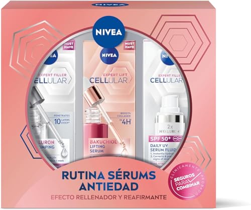 NIVEA Cellular Pack Rutina Sérums Antiedad Efecto Rellenador y Reafirmante, Sérum Rellenador Ácido Hialurónico (1 x 30 ml) + Sérum Lift Bakuchiol (1 x 30 ml) + Sérum Fluido SPF50+ (1 x 30 ml)