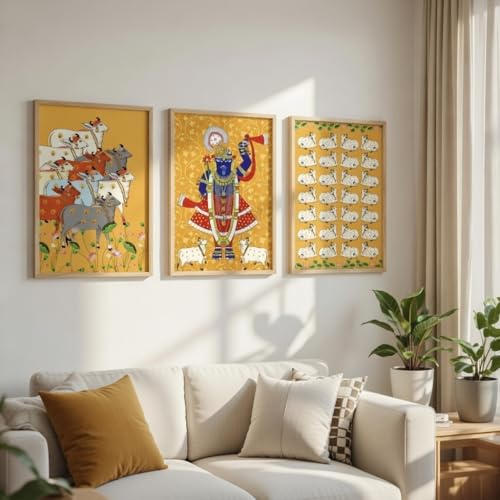 Image of Livin'luxe Set of 3 Krishna Pichwai Wall Art Premium MDF Wooden Color Framed HD UV Printed Traditional Indian Religious Painting for Living Room Home Decor 13.5 Inch x 19.5 Inch