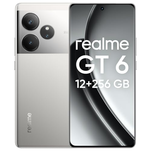 realme GT6 Smartphone, 5G móvil 12+256 GB, Snapdragon 8s Gen 3, Pantalla Ultra Brillante de 6000nit, 50MP+50MP+8MP Cámara, teléfono, 5500mAh Batería, sin Adaptador, Plata Fluido