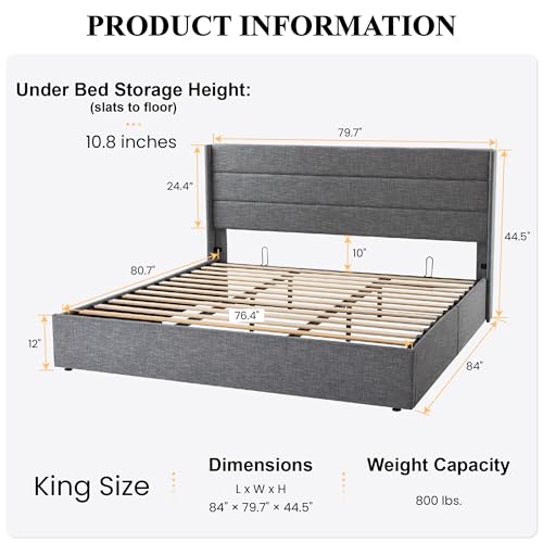SHA CERLIN King Size Lift Up Storage Bed/Modern Wingback Headboard/Upholstered Platform Bed Frame/Hydraulic Storage/No Box Spring Needed/Wood Slats Support/Grey Blue