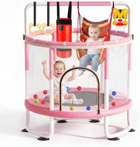 5FT Trampoline for Kids Baby Toddler, 60” Kids Trampoline with Enclosure Net,Swing,Basketball Hoop,Rings,Indoor Outdoor for Boys Girls Christmas Birthday Gifts