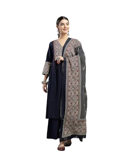 Image of Stylum Women's Ajrakh Printed Cotton A-Line Kurta Pant Dupatta Set