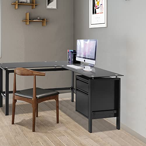 Intergreat Black L Shaped Computer Desk For Home Office, 56" Large Glass L Desk With Storage Drawers, Corner Study Modern Table For Writing Pc Laptop Gaming Workstation (Metal Steel) #TOP6