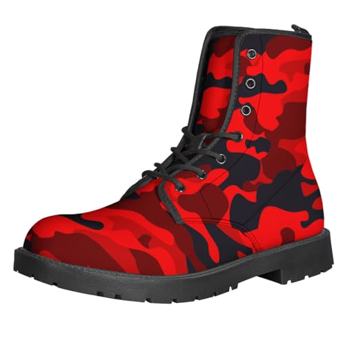 Men's Red And Black Camo Leather Boots - Camouflage Print