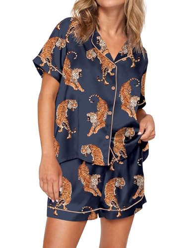 Image of SHESHOW Satin Pajamas for Women Set Preppy Animals Pjs Short Sleeve Shorts 2 Piece Loungewear Sets XS-XXL