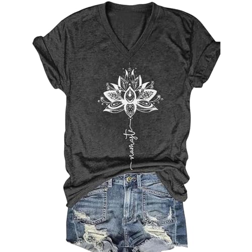 Womens Vintage Flowers V Neck Shirt Boho Floral Wildflowers Graphic Tee Casual Short Sleeve T Shirt (US, Alpha, Medium, Regular, Regular, Black Lotus)