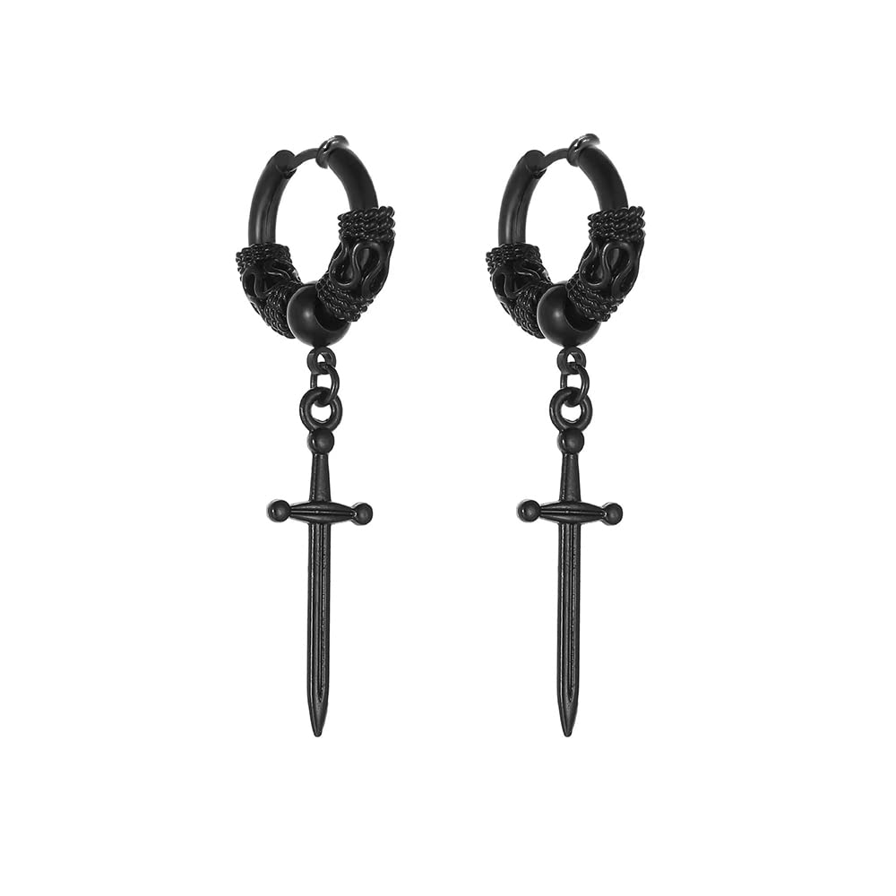Clip on Pattern Dagger Sword Minimalist Black Dangle Drop Fake Small Hoop Earrings for Men Women Non Pierced Ear 316L Stainless Steel Charms Huggie Hoops Cartilage Hypoallergenic Fashion Personalized