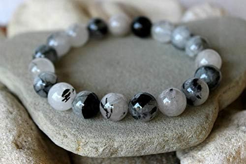 Crystal Agate Bracelets - Manifestation Bracelet - Natural Black Rutile Beaded Stretch Bracelet 8mm - Unisex Adult Yoga Bracelet - White-Black - Image 4