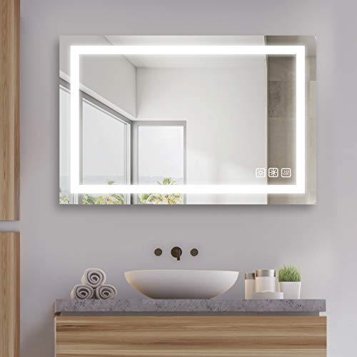 SL4U 36 x 24 Inch LED Lighted Bathroom Mirror, Dimmable Wall Mounted Makeup Mirror with Light Dimming & Color Tone Control, Anti-Fog, Memory Touch Button, Vertical & Horizontal | YSJ-A001