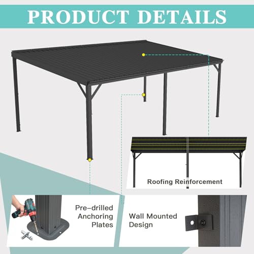 Domi 12’x20’ Lean-to Gazebo, Hardtop Wall-Mounted Gazebo Pergola with Sloping Galvanized Steel Roof and Upgraded Drainage System, Outdoor Permanent Metal Shelters for Patio Backyard Deck, Grey - Image 5