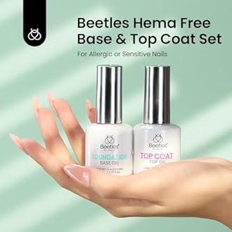 Beetles 2Pcs Hema Free Gel Base and Top Coat Set No Wipe, Upgraded Mild Formula Glossy Top Coat Gel Nail Polish Long Lasting Effect Soak Off No More Damaged Nails
