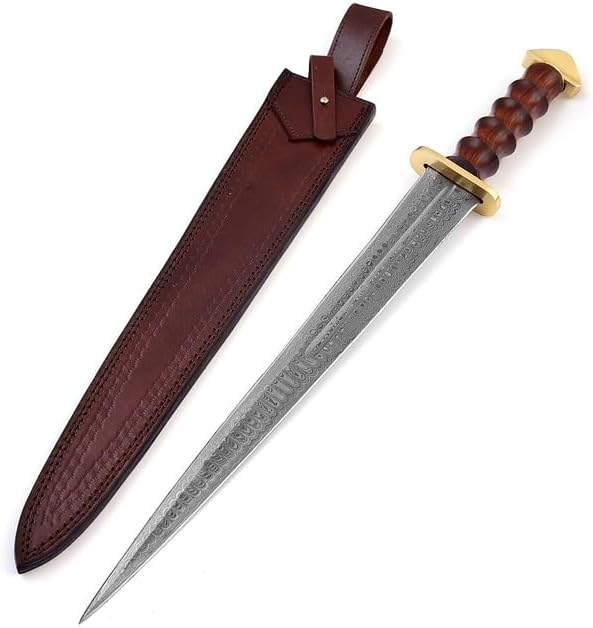 Armory Replicas - Espada corta de acero de Damasco forjada a mano de inspiración medieval con mango de madera auténtica y latón - Coleccionable
